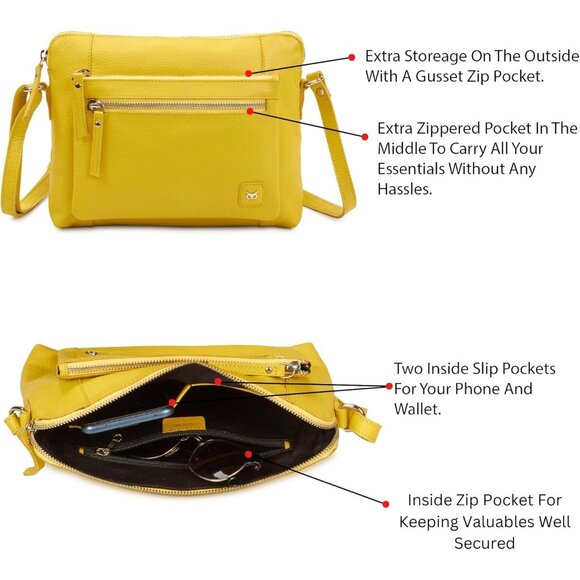 Women Yellow Imported Leather Polyester Crossbody Sling Shoulder Crossover Bag - Picture 4 of 6